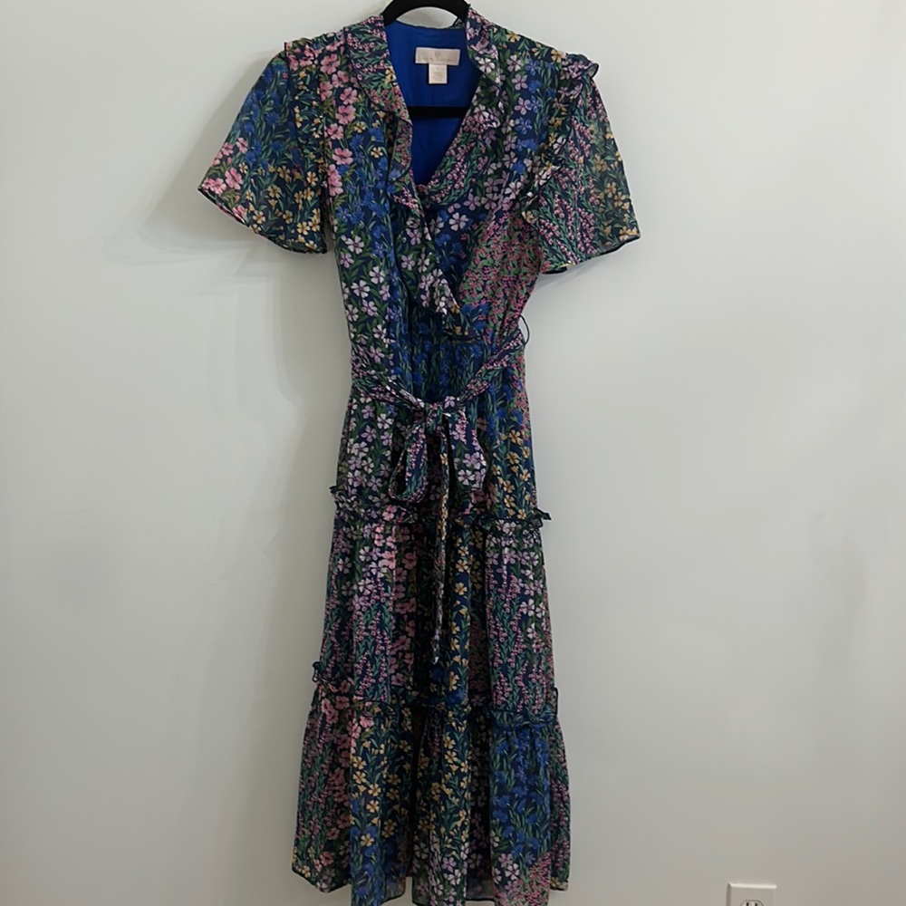 rachel parcell chiffon midi dress garden floral print, size 2